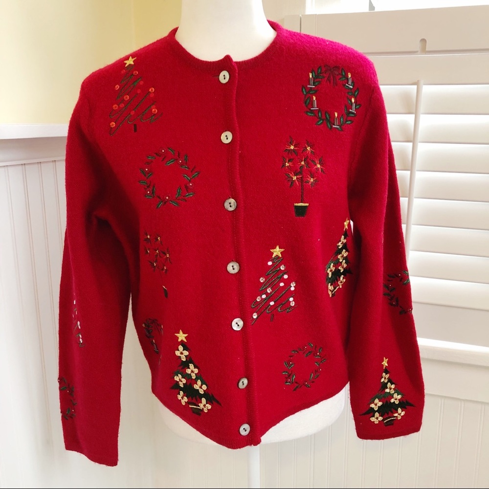 Karen Scott Pure Wool Beaded Christmas Cardigan